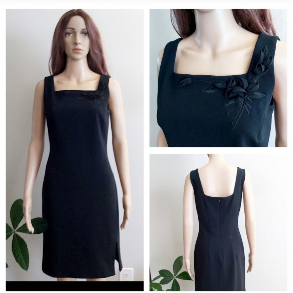 vintage dress size 6 Mark Edwards black sheath midi square neck sleeveless